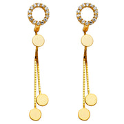 14K Gold CZ Stone Cricle Disc Dangle Huggie Hoops