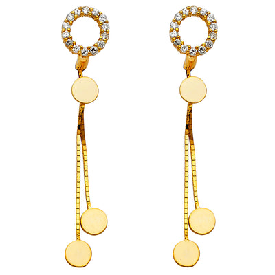 14K Gold CZ Stone Cricle Disc Dangle Huggie Hoops