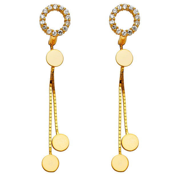 14K Gold CZ Stone Cricle Disc Dangle Huggie Hoops