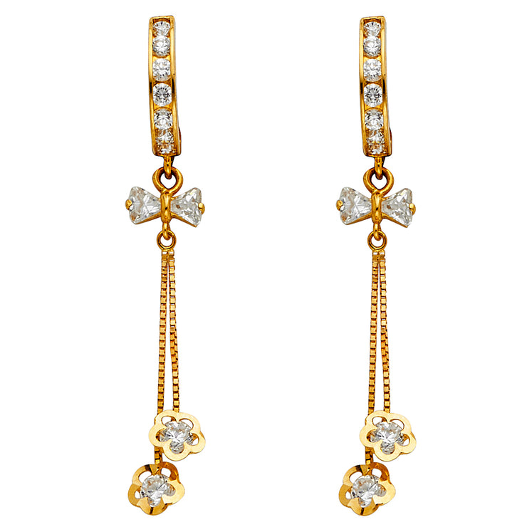 14K Gold CZ Stone Flower and Bow Dangle Huggie Hoops