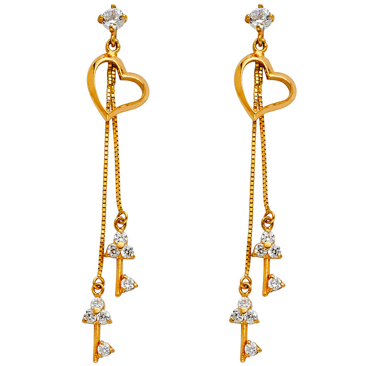 14K Gold CZ Stone Open Heart and Flower Dangle Huggie Hoops