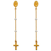 14K Gold CZ Stone Jesus and Cross Dangle Huggie Hoops