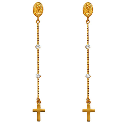 14K Gold CZ Stone Jesus and Cross Dangle Huggie Hoops