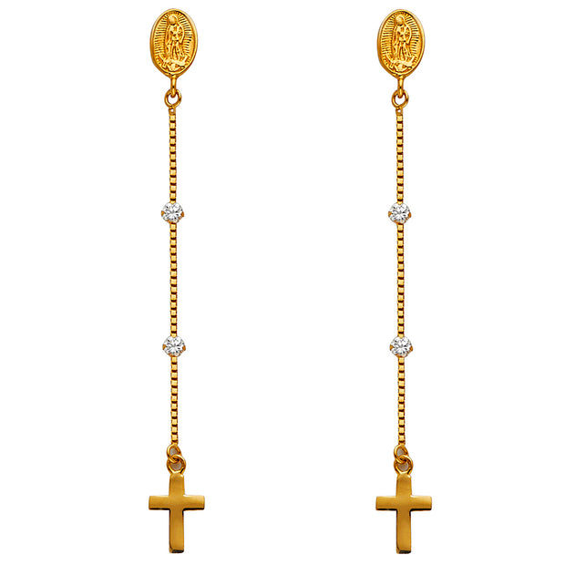 14K Gold CZ Stone Jesus and Cross Dangle Huggie Hoops