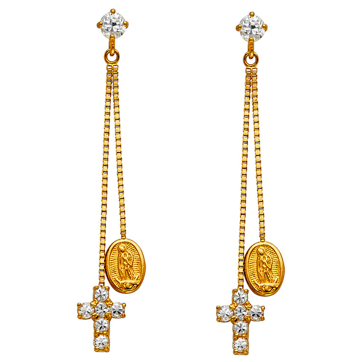 14K Gold CZ Stone Jesus and Cross Dangle Huggie Hoops