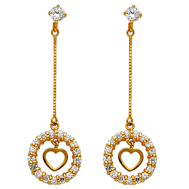 14K Gold CZ Stone Circle and Open Heart Dangle Huggie Hoops