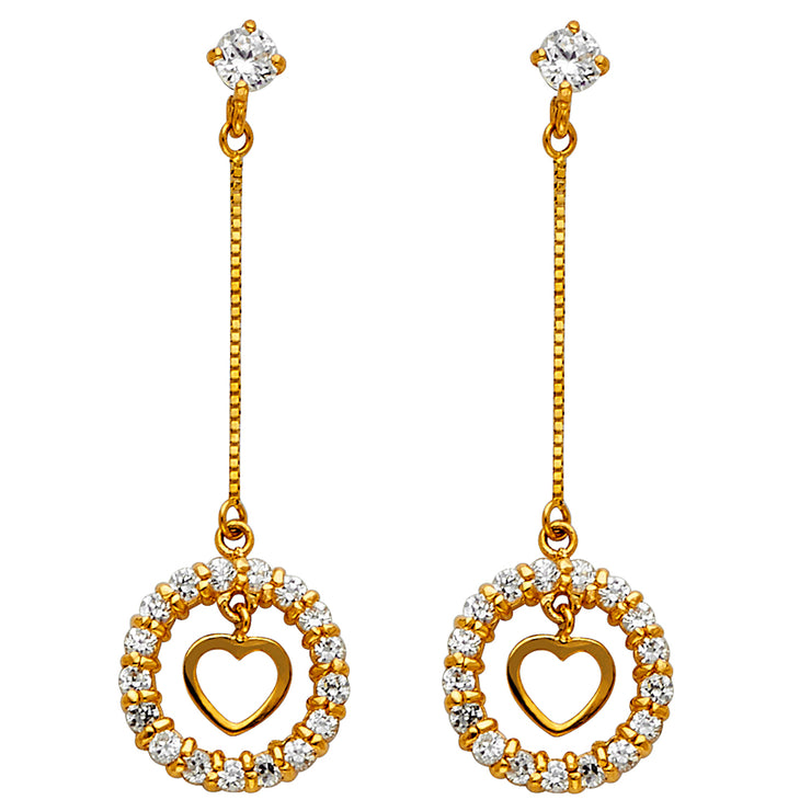 14K Gold CZ Stone Circle and Open Heart Dangle Huggie Hoops