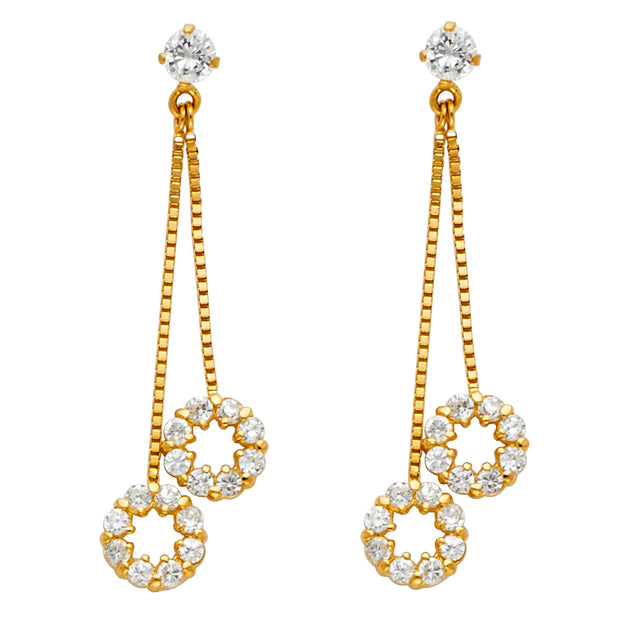 14K Gold CZ Stone Circle Dangle Huggie Hoops