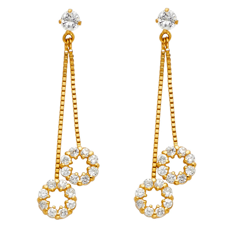 14K Gold CZ Stone Circle Dangle Huggie Hoops