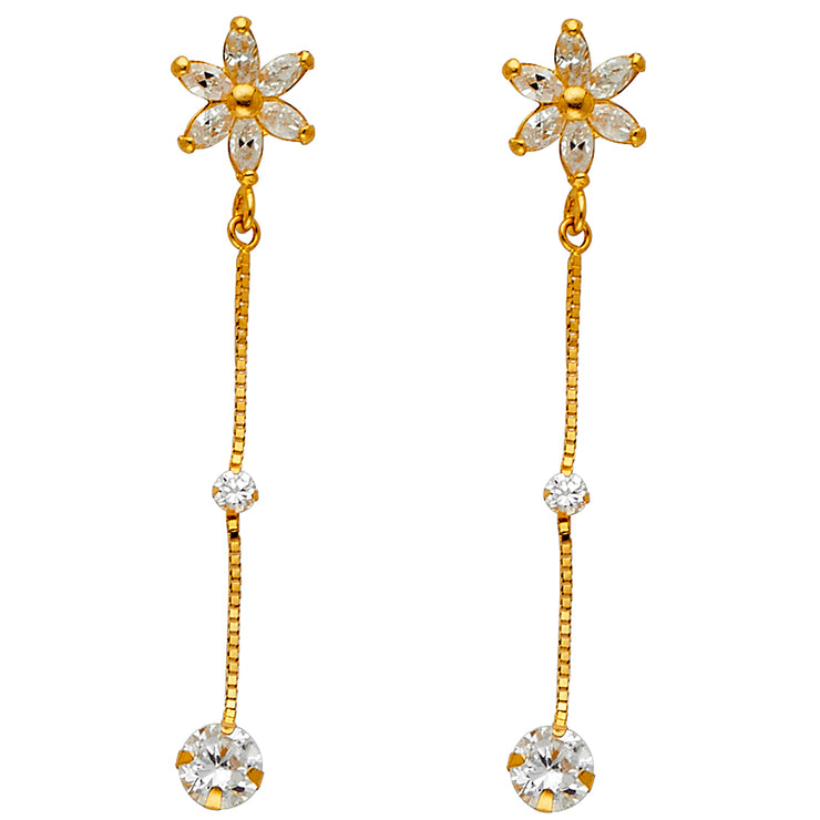 14K Gold CZ Stone Flower Hanging  Drop Huggie Hoops