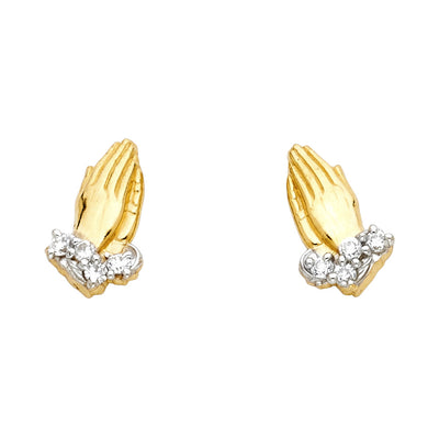 14K Gold PRAY Hand CZ Stone Post Earrings