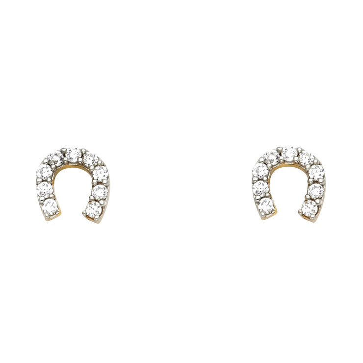 14K Gold Horse Shoe CZ Stone Studs