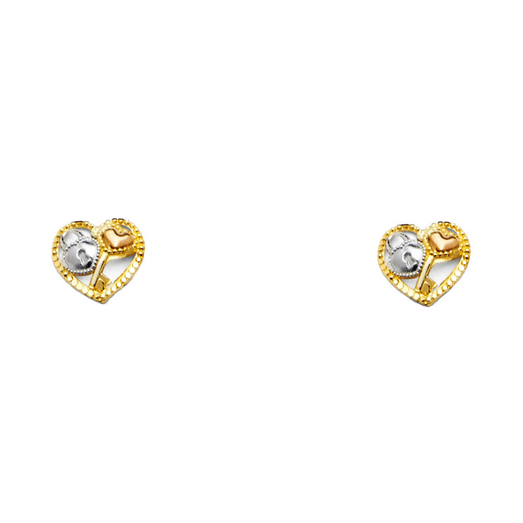 14K Gold Heart Flower Post Earrings