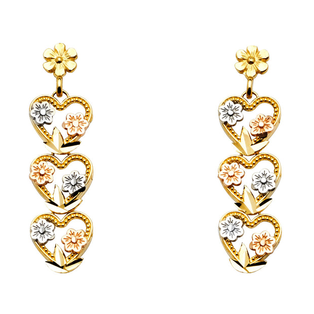 14K Gold Hanging Heart Post Earrings