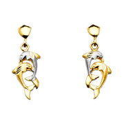 14K Gold Hanging Dolphin Post Earrings