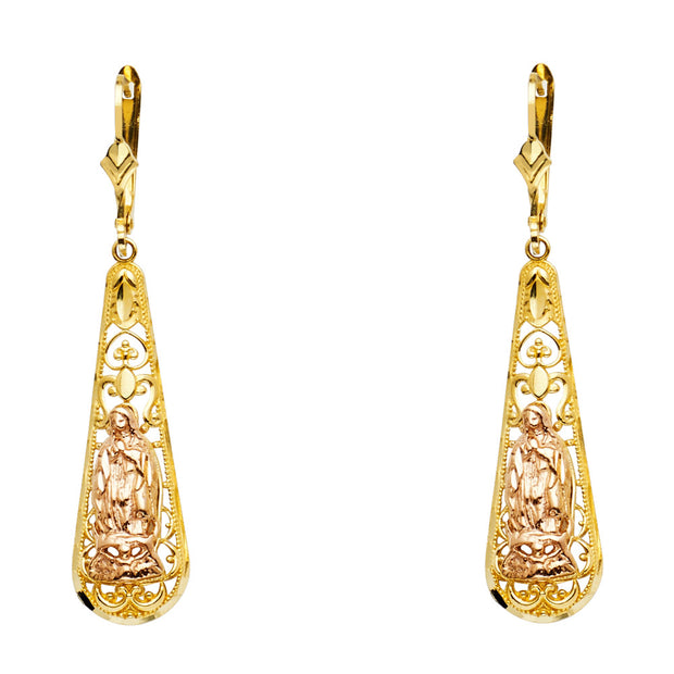 14K Gold Our Lady of Guadlupe Teardrop Hanging Earrings