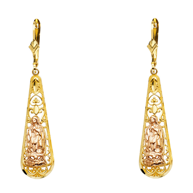 14K Gold Our Lady of Guadlupe Teardrop Hanging Earrings
