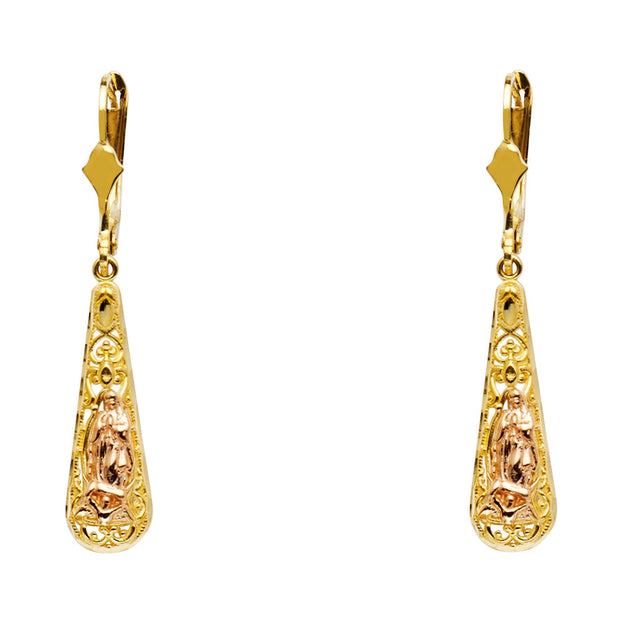 14K Gold Our Lady of Guadlupe Teardrop Hanging Earrings