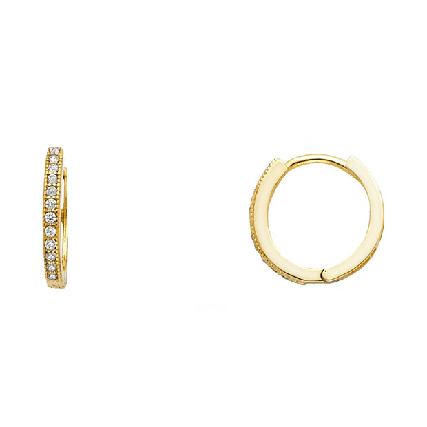 14K Gold RD CZ Stone Pave Huggie Hoops