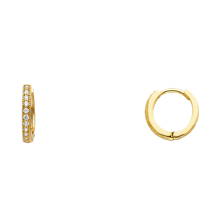 14K Gold RD CZ Stone Pave Huggie Hoops