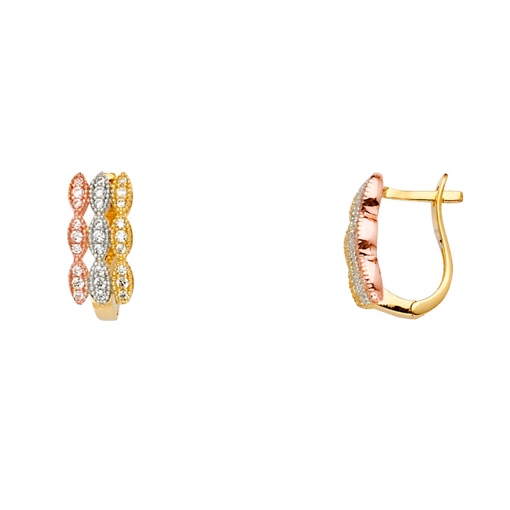 14K  Gold 3 Row CZ Stone Fancy Huggie Hoops