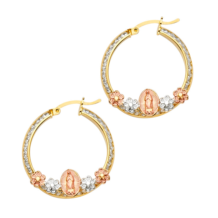 14K Gold Guadalupe and Flower Hoops