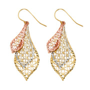 14K Gold Fancy Leaf Dangling Drop Hanging Earrings