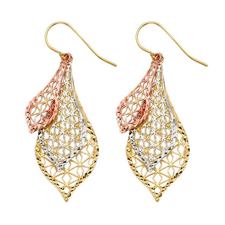 14K Gold Fancy Leaf Dangling Drop Hanging Earrings