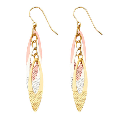 14K Gold Fancy Leaf Dangling Drop Hanging Earrings