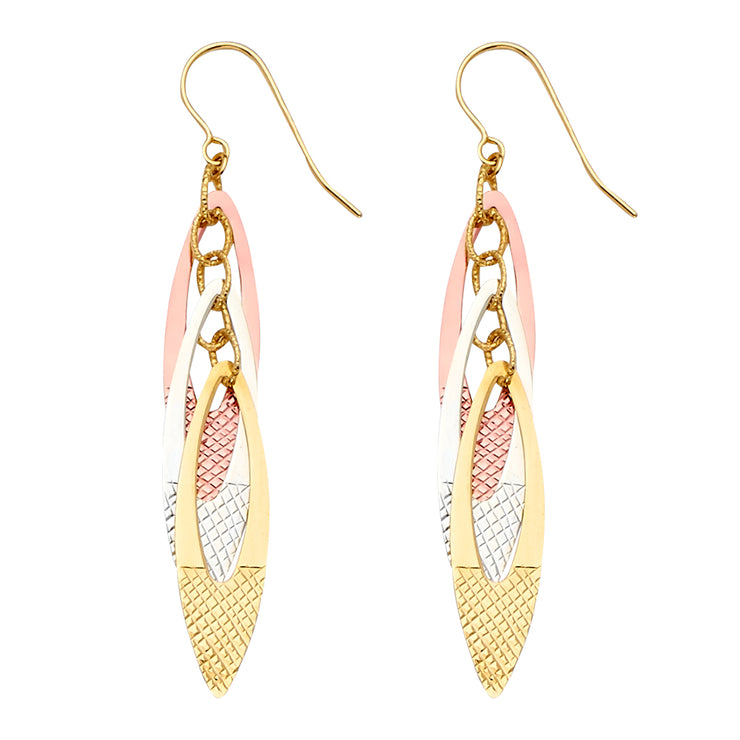 14K Gold Fancy Leaf Dangling Drop Hanging Earrings
