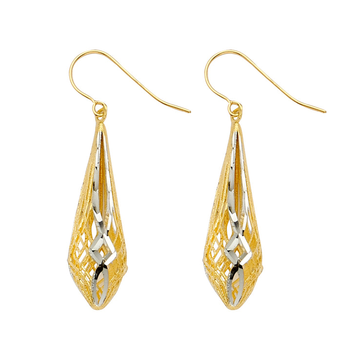 14K Gold Fancy Filgree Tear Drop Dangling Hanging Earrings