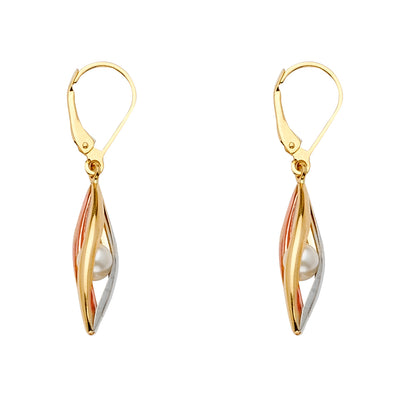 14K Gold Fancy Tear Drop With Freshwater Cultured Pearl Hinged Hanging Earrings