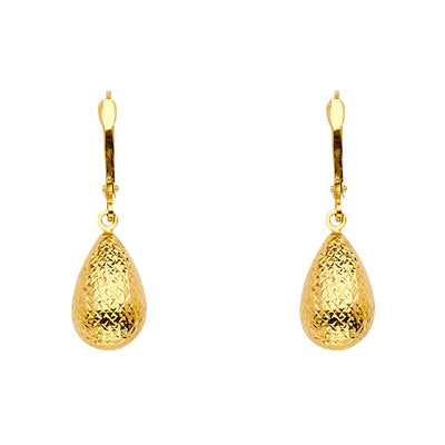 14K Gold Diamond Cut Tear Drop Hanging Earrings