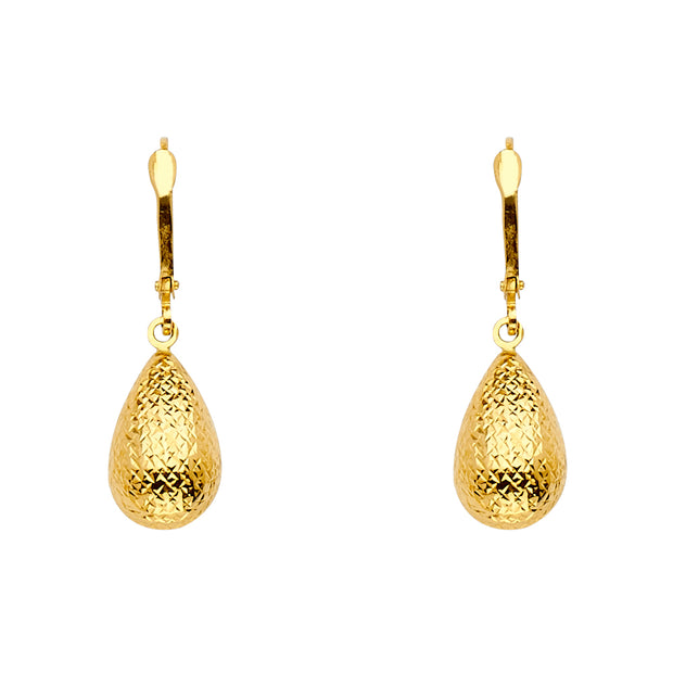14K Gold Diamond Cut Tear Drop Hanging Earrings