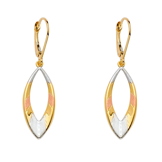14K Gold Fancy Leaf or Oval Drop Dangling Hinged Hanging Earrings
