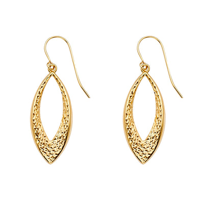 14K Gold Diamond Cut Fancy Leaf or Oval Drop Dangling Hinged Hanging Earrings