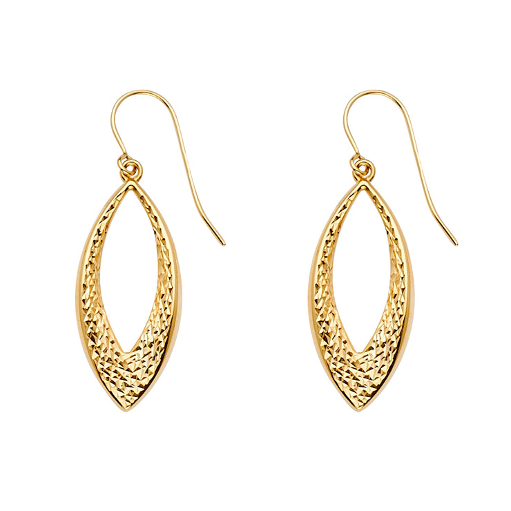14K Gold Diamond Cut Fancy Leaf or Oval Drop Dangling Hinged Hanging Earrings