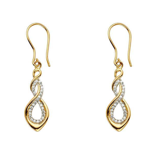 14K Gold CZ Stone Infinity Dangling Hanging Earrings