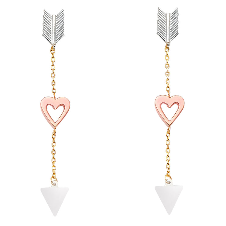 14K Gold Cupid Heart Arrow Hanging Earrings
