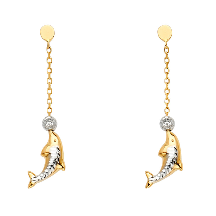 14K Gold Dolphin And Ball Hanging Earrings