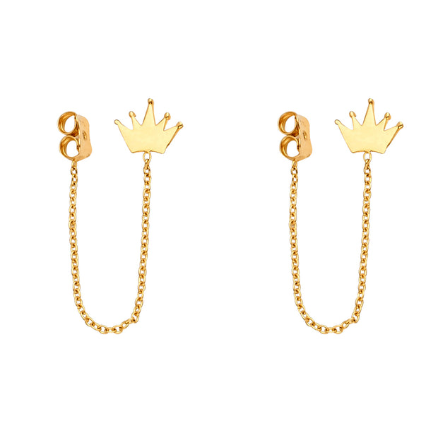 14K Gold Punk Fancy Crown Hanging Chain Earrings