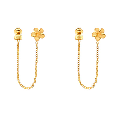 14K Gold Punk Fancy Flower Hanging Chain Earrings