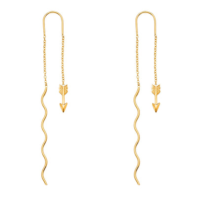 14K Gold Fancy Arrow Front & Back Chain Dangle Earrings
