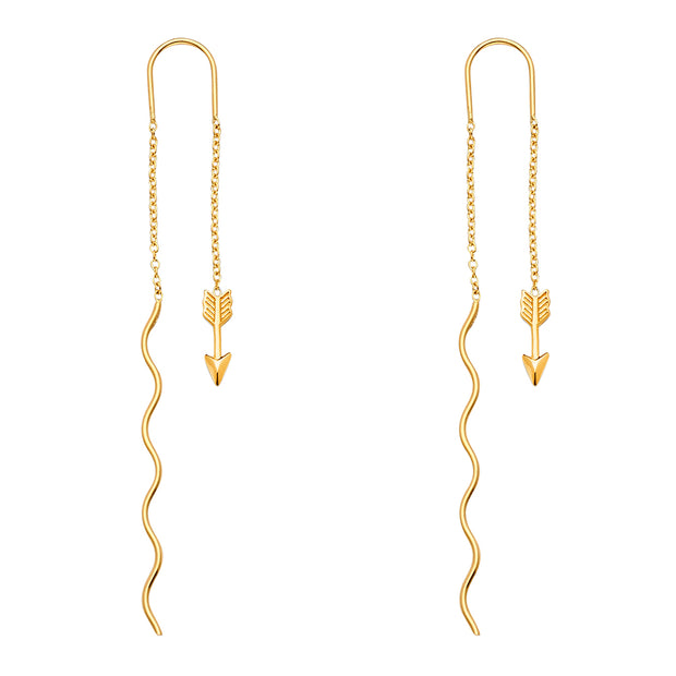 14K Gold Fancy Arrow Front & Back Chain Dangle Earrings