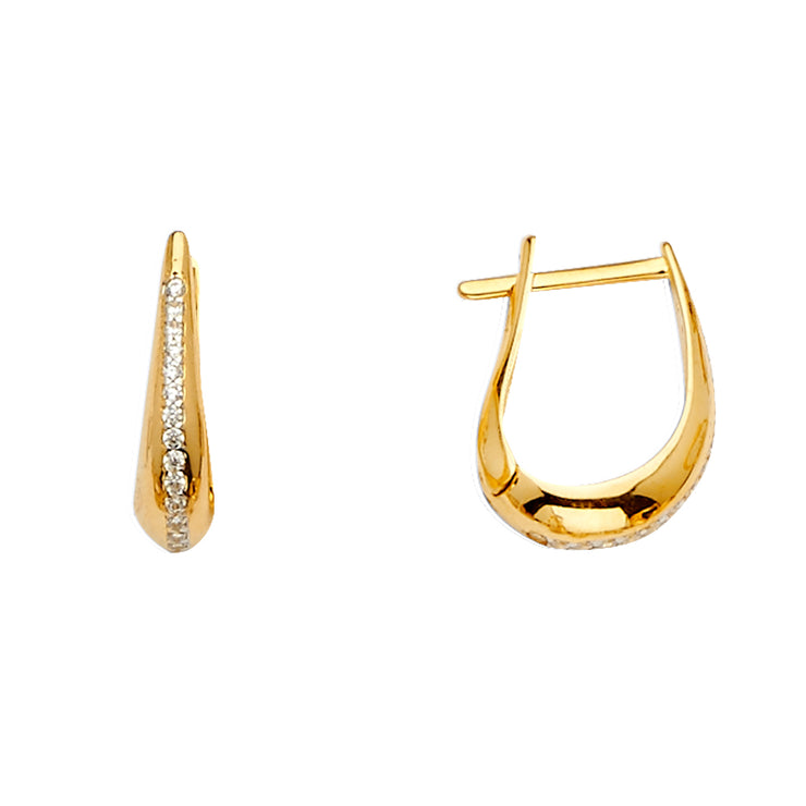 14K Gold CZ Stone Channel Tear Drop Huggie Hoops