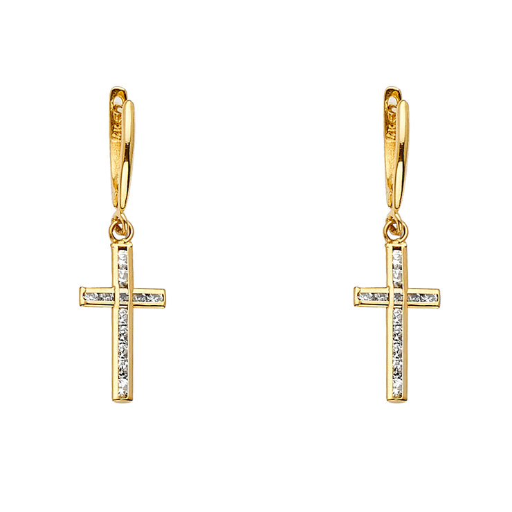 14K Gold CZ Stone Heart Channel Set Cross Dangle Drop Earrings