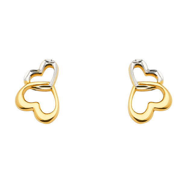 14K Gold Two or Double Hearts Earrings