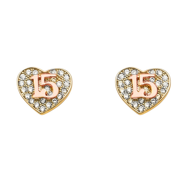 14K Gold CZ Stone Heart Quinceanera Earrings gift for her/girl