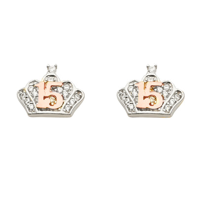14K Gold CZ Stone Tiara Crown Quinceanera Earrings