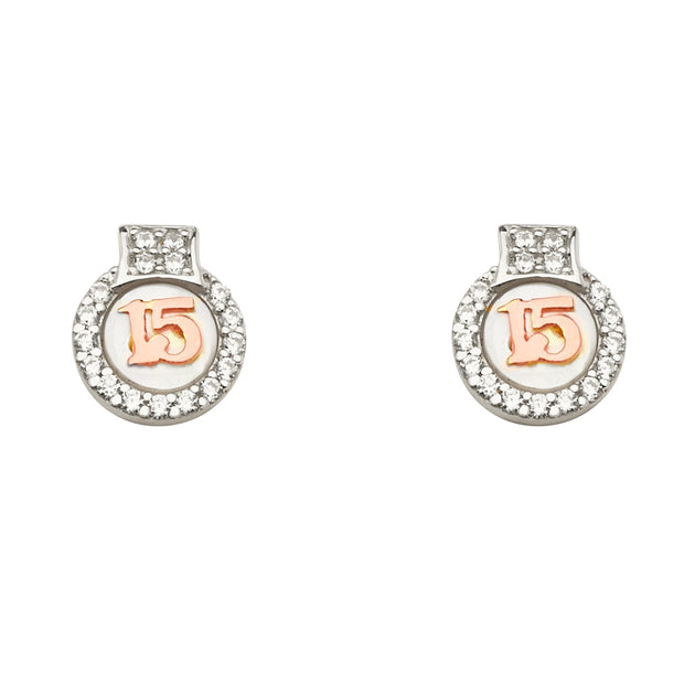 14K GOLD CZ STONE ROUND 15 ANOS 15 YEARS QUINCEANERA EARRINGS gift for her/girl